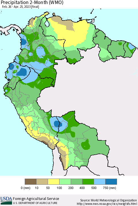 Northern South America Precipitation 2-Month (WMO) Thematic Map For 2/26/2023 - 4/25/2023
