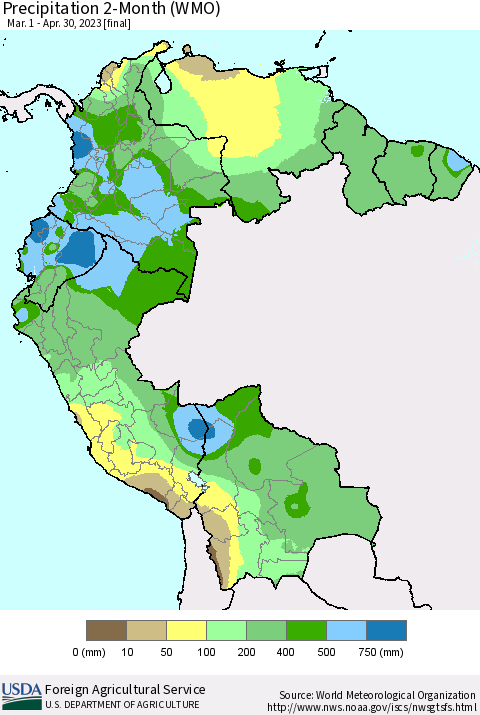 Northern South America Precipitation 2-Month (WMO) Thematic Map For 3/1/2023 - 4/30/2023