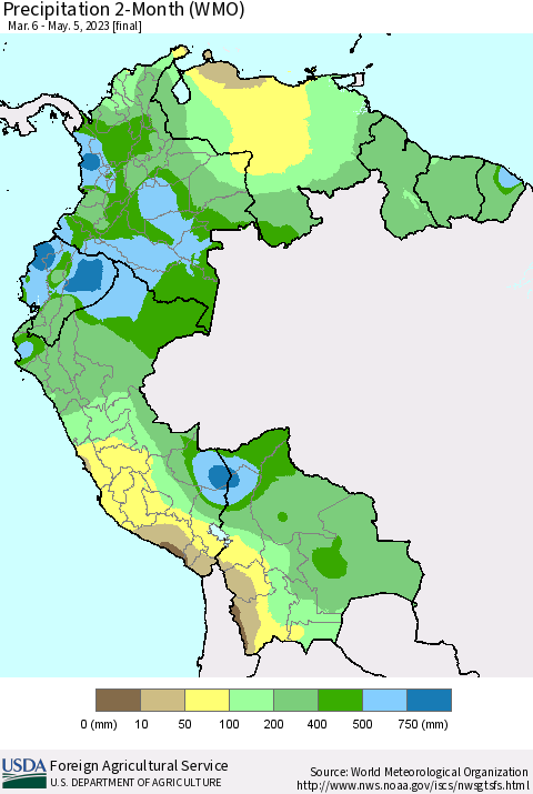 Northern South America Precipitation 2-Month (WMO) Thematic Map For 3/6/2023 - 5/5/2023