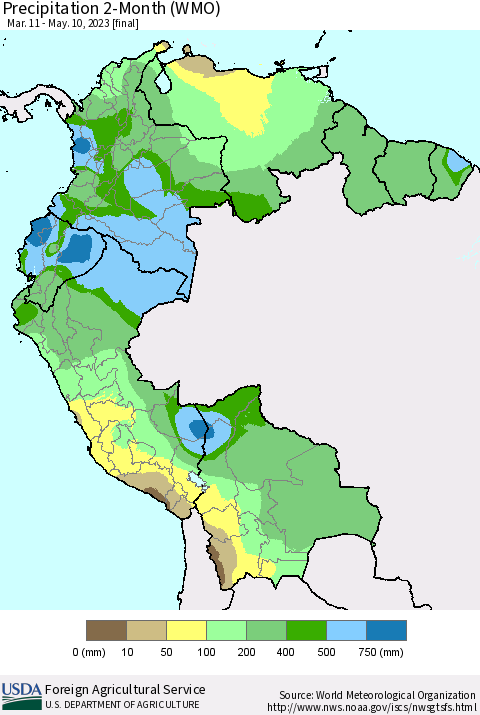 Northern South America Precipitation 2-Month (WMO) Thematic Map For 3/11/2023 - 5/10/2023