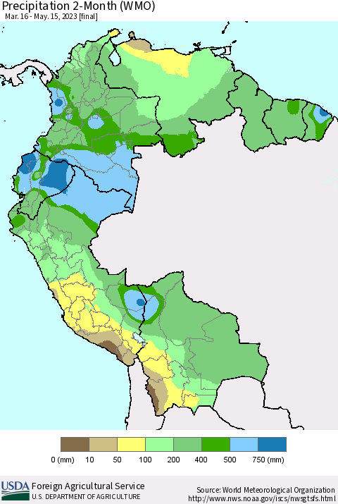 Northern South America Precipitation 2-Month (WMO) Thematic Map For 3/16/2023 - 5/15/2023