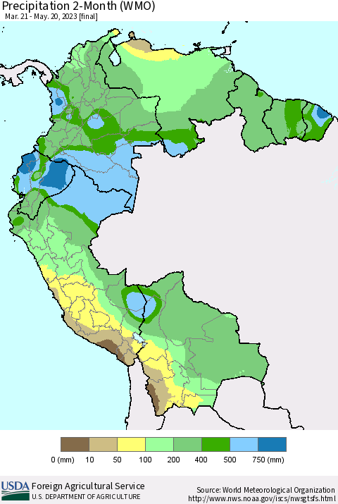Northern South America Precipitation 2-Month (WMO) Thematic Map For 3/21/2023 - 5/20/2023