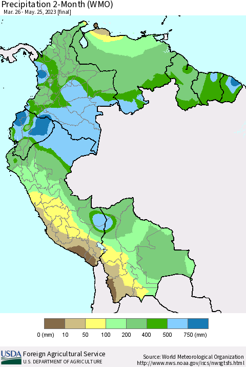 Northern South America Precipitation 2-Month (WMO) Thematic Map For 3/26/2023 - 5/25/2023