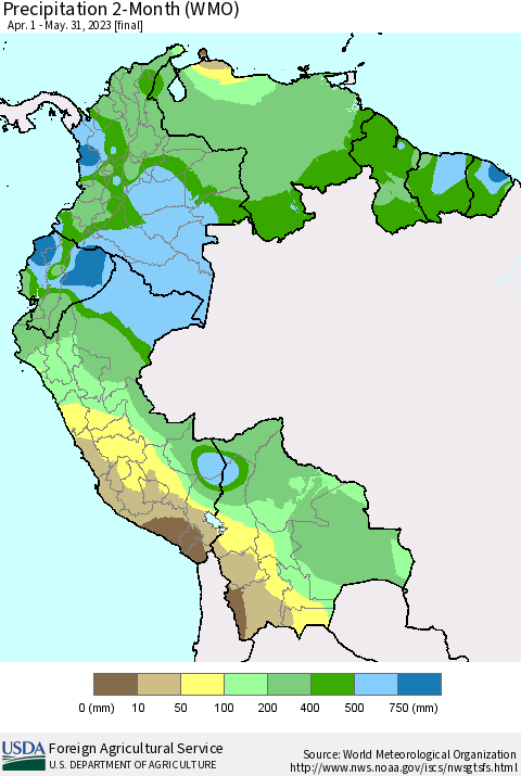 Northern South America Precipitation 2-Month (WMO) Thematic Map For 4/1/2023 - 5/31/2023