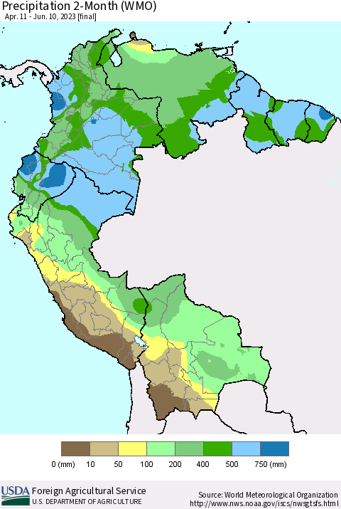 Northern South America Precipitation 2-Month (WMO) Thematic Map For 4/11/2023 - 6/10/2023