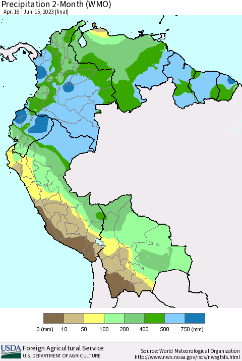 Northern South America Precipitation 2-Month (WMO) Thematic Map For 4/16/2023 - 6/15/2023