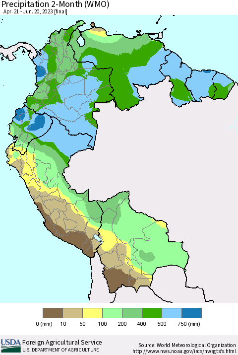 Northern South America Precipitation 2-Month (WMO) Thematic Map For 4/21/2023 - 6/20/2023