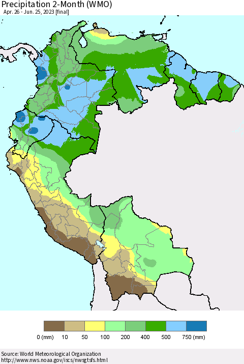 Northern South America Precipitation 2-Month (WMO) Thematic Map For 4/26/2023 - 6/25/2023