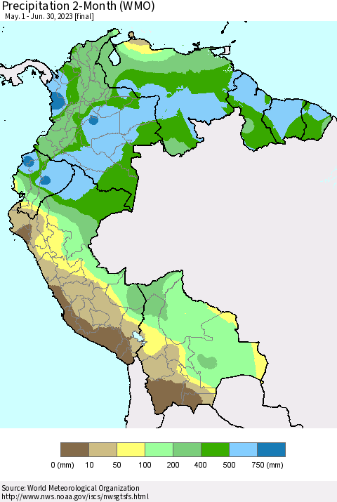 Northern South America Precipitation 2-Month (WMO) Thematic Map For 5/1/2023 - 6/30/2023