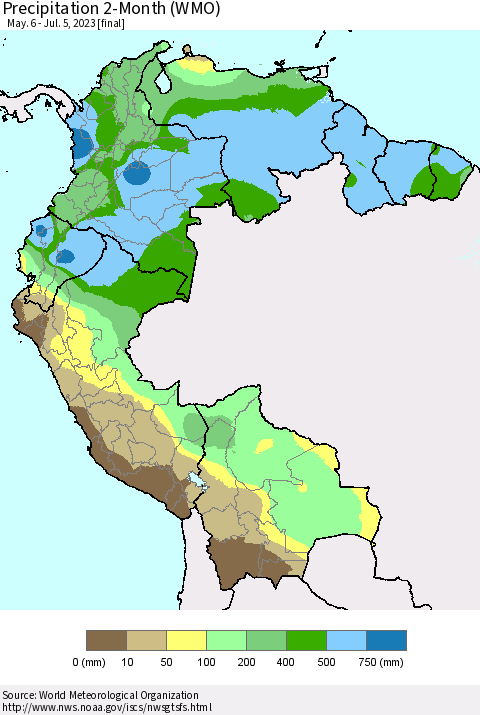 Northern South America Precipitation 2-Month (WMO) Thematic Map For 5/6/2023 - 7/5/2023