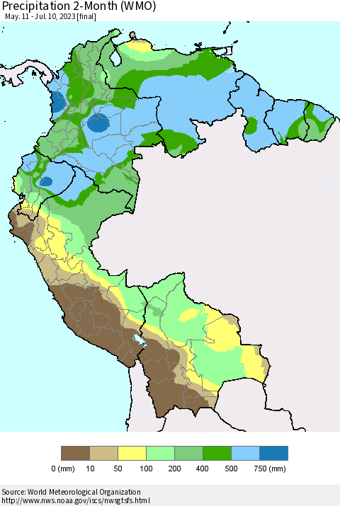 Northern South America Precipitation 2-Month (WMO) Thematic Map For 5/11/2023 - 7/10/2023