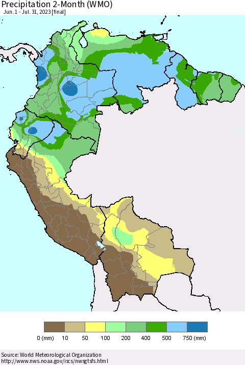 Northern South America Precipitation 2-Month (WMO) Thematic Map For 6/1/2023 - 7/31/2023