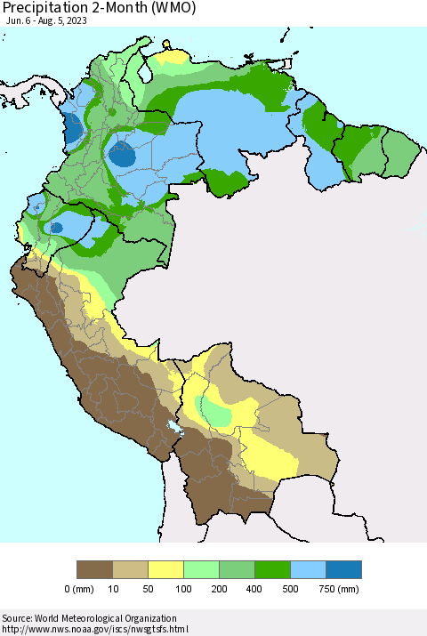 Northern South America Precipitation 2-Month (WMO) Thematic Map For 6/6/2023 - 8/5/2023