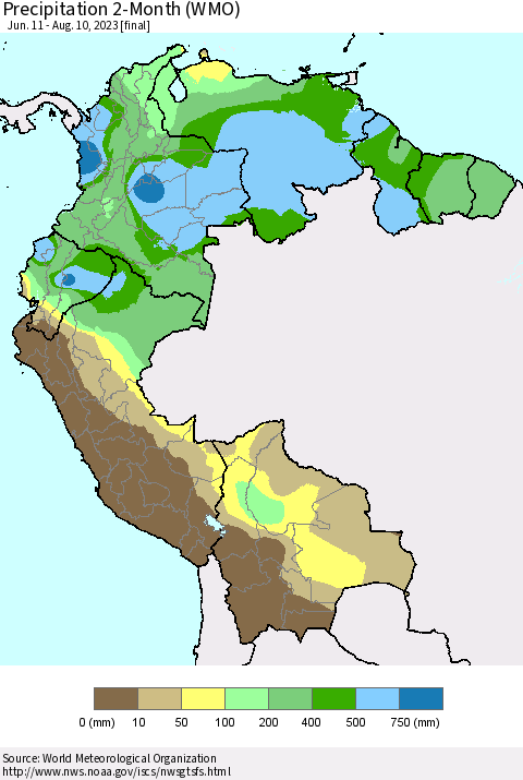 Northern South America Precipitation 2-Month (WMO) Thematic Map For 6/11/2023 - 8/10/2023