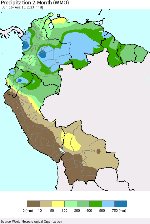 Northern South America Precipitation 2-Month (WMO) Thematic Map For 6/16/2023 - 8/15/2023