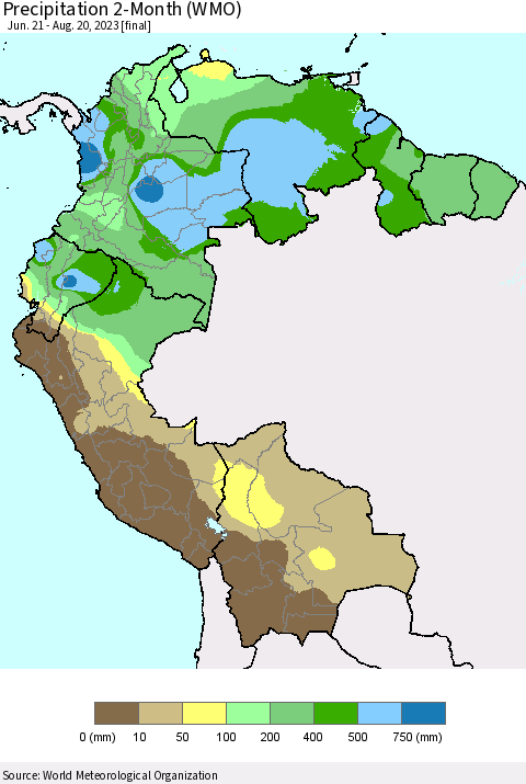 Northern South America Precipitation 2-Month (WMO) Thematic Map For 6/21/2023 - 8/20/2023