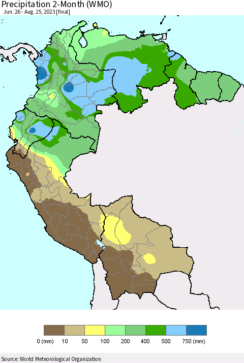 Northern South America Precipitation 2-Month (WMO) Thematic Map For 6/26/2023 - 8/25/2023