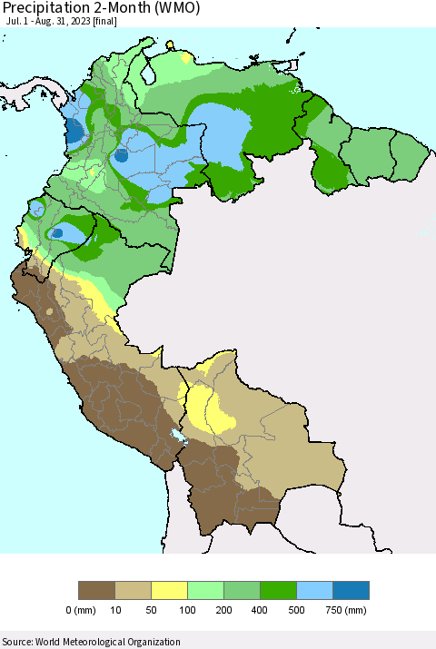 Northern South America Precipitation 2-Month (WMO) Thematic Map For 7/1/2023 - 8/31/2023