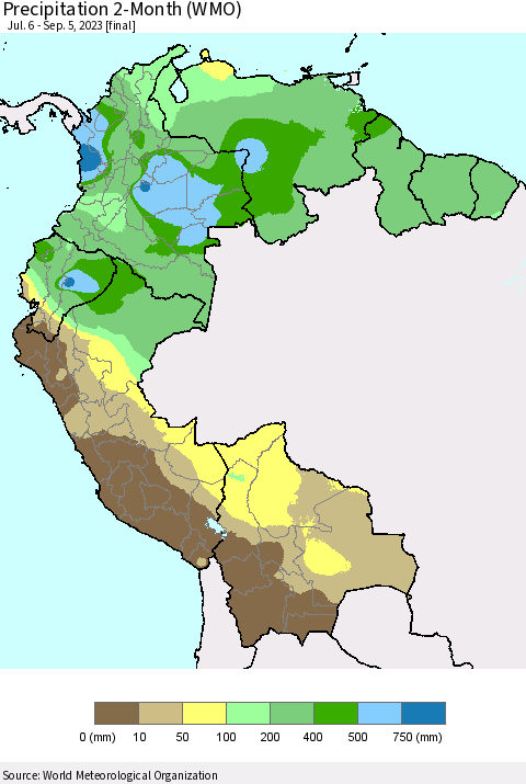 Northern South America Precipitation 2-Month (WMO) Thematic Map For 7/6/2023 - 9/5/2023