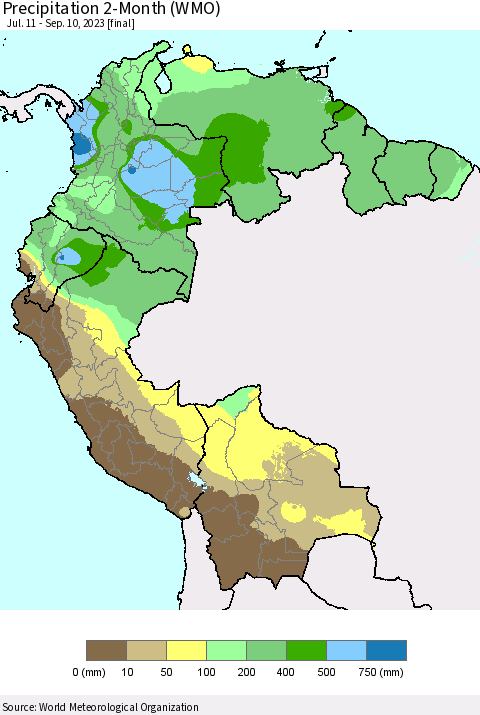 Northern South America Precipitation 2-Month (WMO) Thematic Map For 7/11/2023 - 9/10/2023