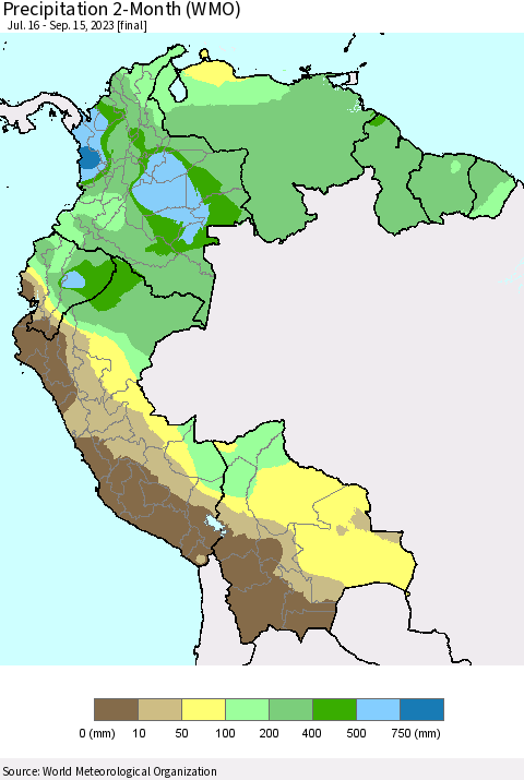 Northern South America Precipitation 2-Month (WMO) Thematic Map For 7/16/2023 - 9/15/2023