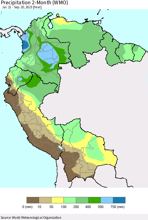 Northern South America Precipitation 2-Month (WMO) Thematic Map For 7/21/2023 - 9/20/2023