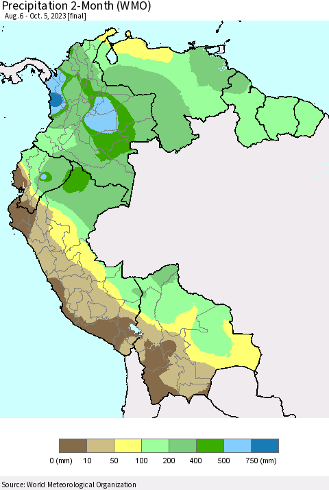 Northern South America Precipitation 2-Month (WMO) Thematic Map For 8/6/2023 - 10/5/2023