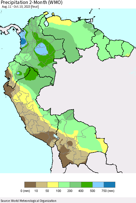 Northern South America Precipitation 2-Month (WMO) Thematic Map For 8/11/2023 - 10/10/2023