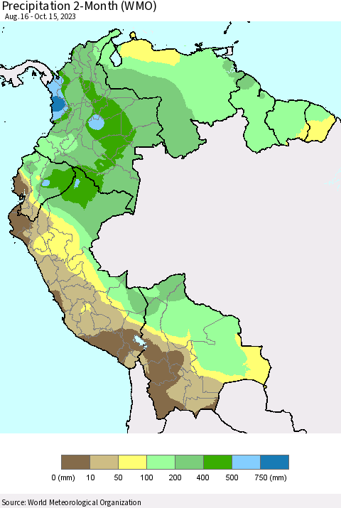 Northern South America Precipitation 2-Month (WMO) Thematic Map For 8/16/2023 - 10/15/2023