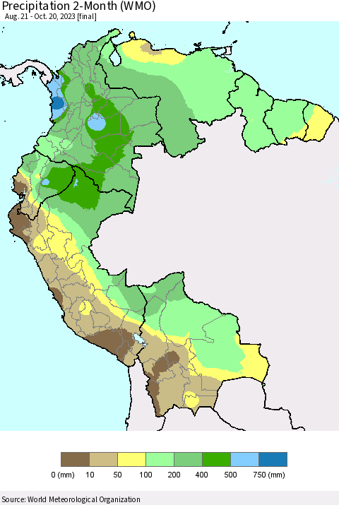 Northern South America Precipitation 2-Month (WMO) Thematic Map For 8/21/2023 - 10/20/2023