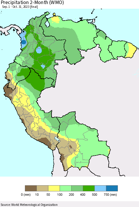 Northern South America Precipitation 2-Month (WMO) Thematic Map For 9/1/2023 - 10/31/2023