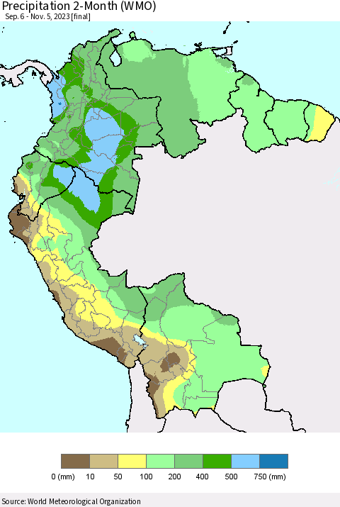 Northern South America Precipitation 2-Month (WMO) Thematic Map For 9/6/2023 - 11/5/2023