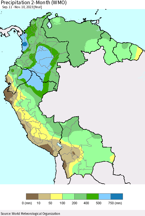 Northern South America Precipitation 2-Month (WMO) Thematic Map For 9/11/2023 - 11/10/2023