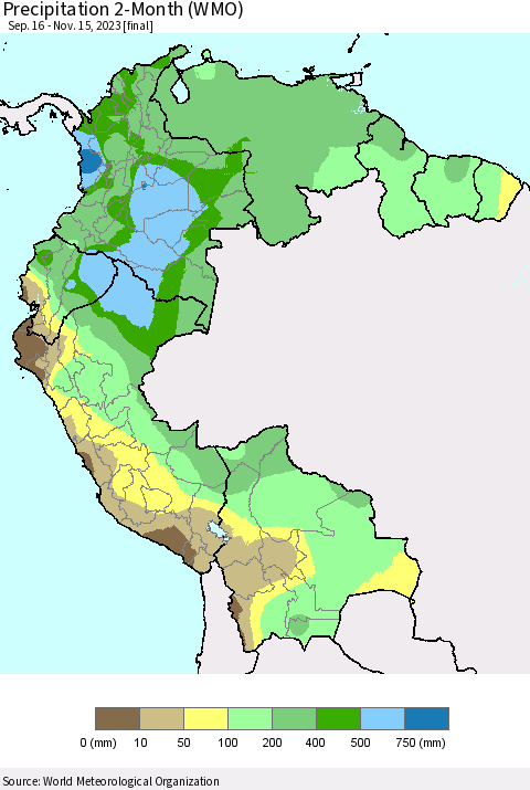 Northern South America Precipitation 2-Month (WMO) Thematic Map For 9/16/2023 - 11/15/2023