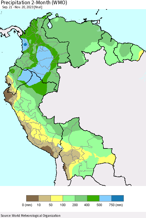 Northern South America Precipitation 2-Month (WMO) Thematic Map For 9/21/2023 - 11/20/2023