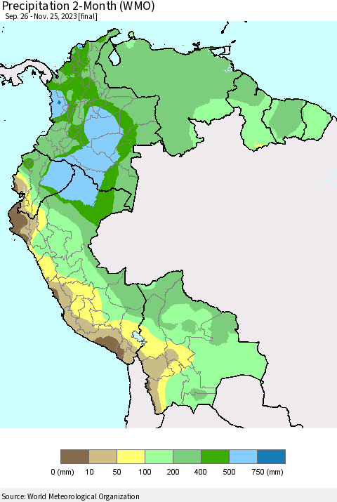 Northern South America Precipitation 2-Month (WMO) Thematic Map For 9/26/2023 - 11/25/2023