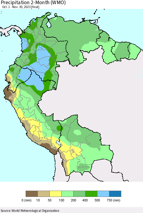 Northern South America Precipitation 2-Month (WMO) Thematic Map For 10/1/2023 - 11/30/2023