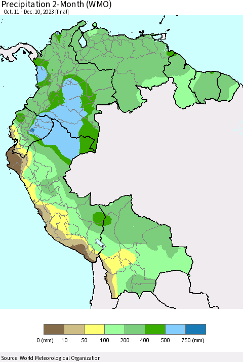 Northern South America Precipitation 2-Month (WMO) Thematic Map For 10/11/2023 - 12/10/2023