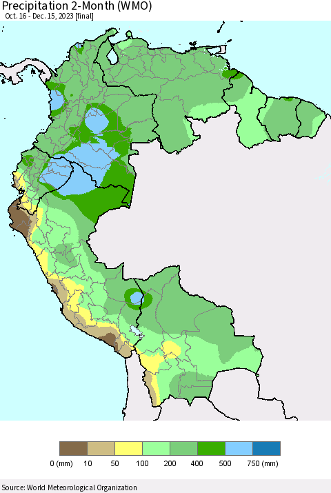Northern South America Precipitation 2-Month (WMO) Thematic Map For 10/16/2023 - 12/15/2023