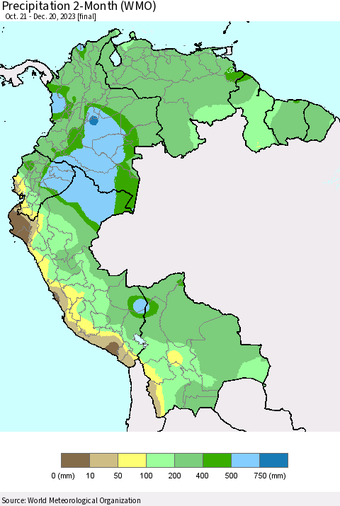 Northern South America Precipitation 2-Month (WMO) Thematic Map For 10/21/2023 - 12/20/2023