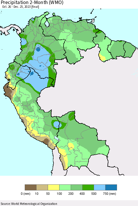 Northern South America Precipitation 2-Month (WMO) Thematic Map For 10/26/2023 - 12/25/2023