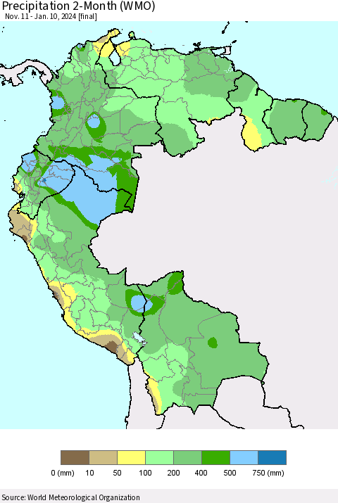 Northern South America Precipitation 2-Month (WMO) Thematic Map For 11/11/2023 - 1/10/2024