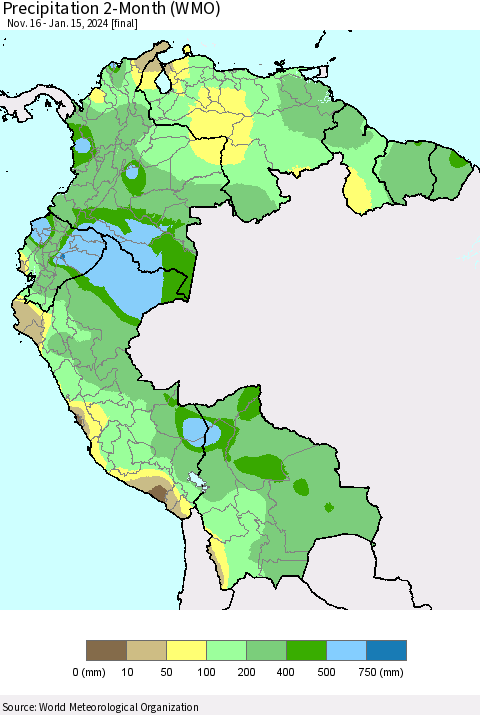 Northern South America Precipitation 2-Month (WMO) Thematic Map For 11/16/2023 - 1/15/2024