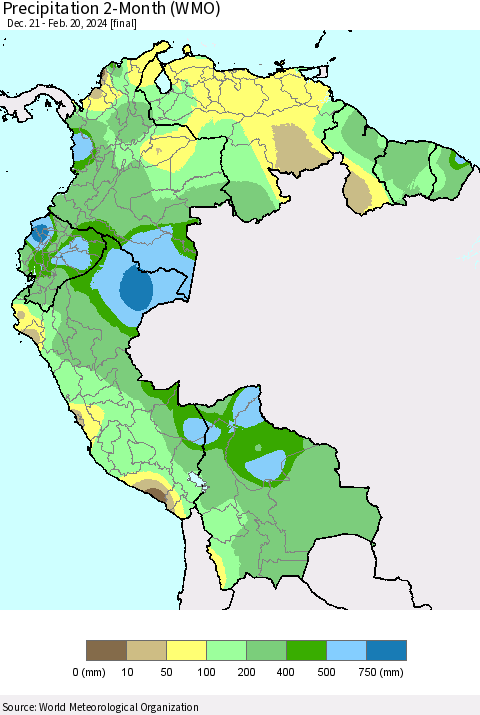 Northern South America Precipitation 2-Month (WMO) Thematic Map For 12/21/2023 - 2/20/2024