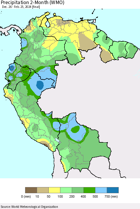 Northern South America Precipitation 2-Month (WMO) Thematic Map For 12/26/2023 - 2/25/2024