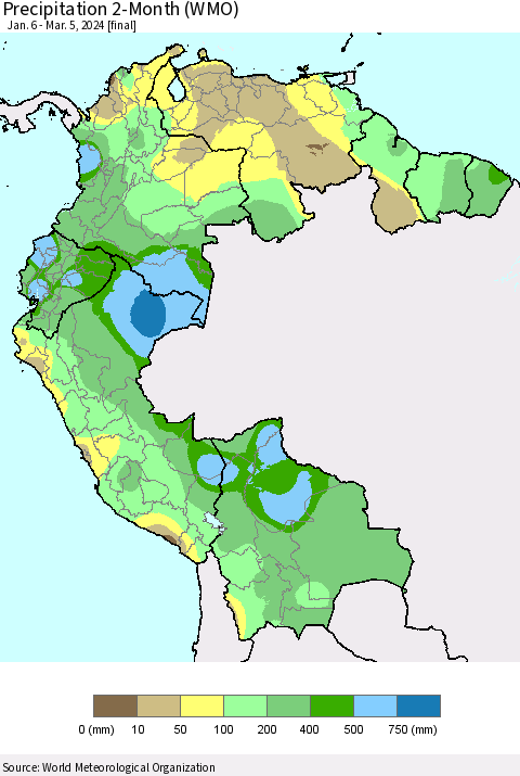 Northern South America Precipitation 2-Month (WMO) Thematic Map For 1/6/2024 - 3/5/2024