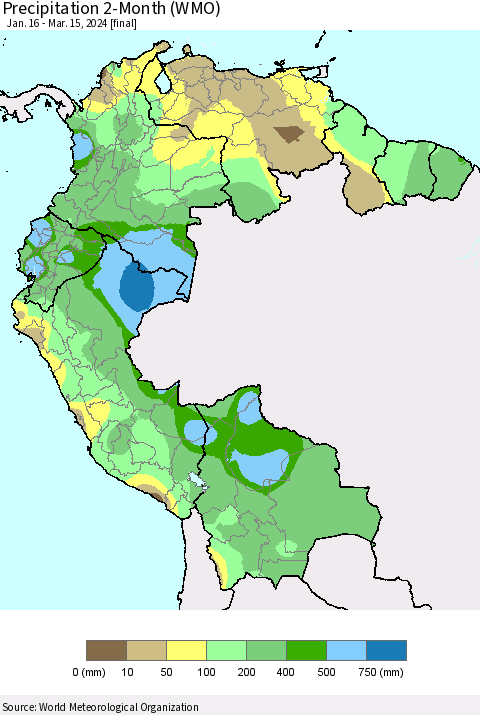 Northern South America Precipitation 2-Month (WMO) Thematic Map For 1/16/2024 - 3/15/2024