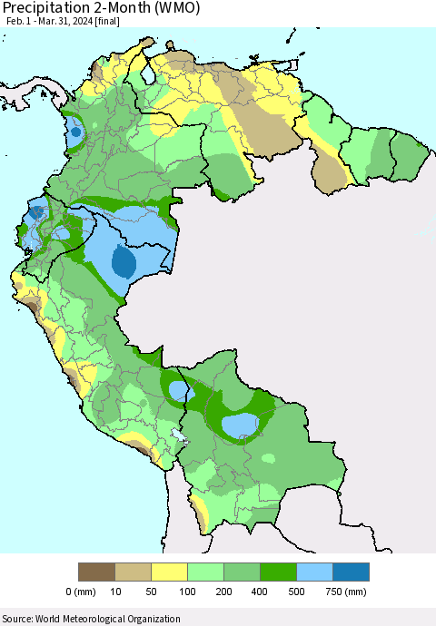 Northern South America Precipitation 2-Month (WMO) Thematic Map For 2/1/2024 - 3/31/2024