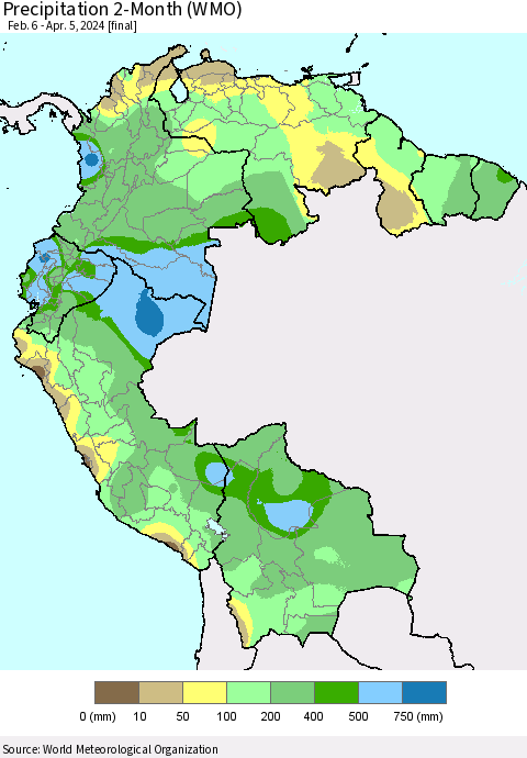 Northern South America Precipitation 2-Month (WMO) Thematic Map For 2/6/2024 - 4/5/2024