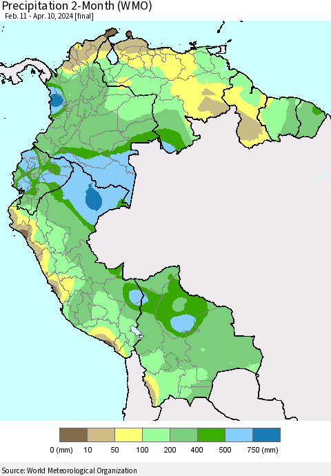 Northern South America Precipitation 2-Month (WMO) Thematic Map For 2/11/2024 - 4/10/2024